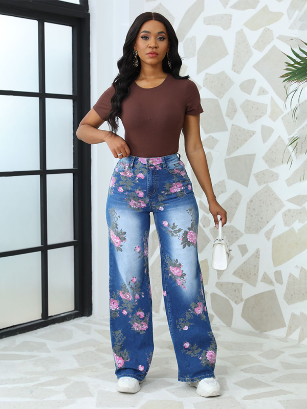 Floral Printed Wide Leg Pants Women's Jeans-[Adult]-[Female]-2022 Online Blue Zone Planet