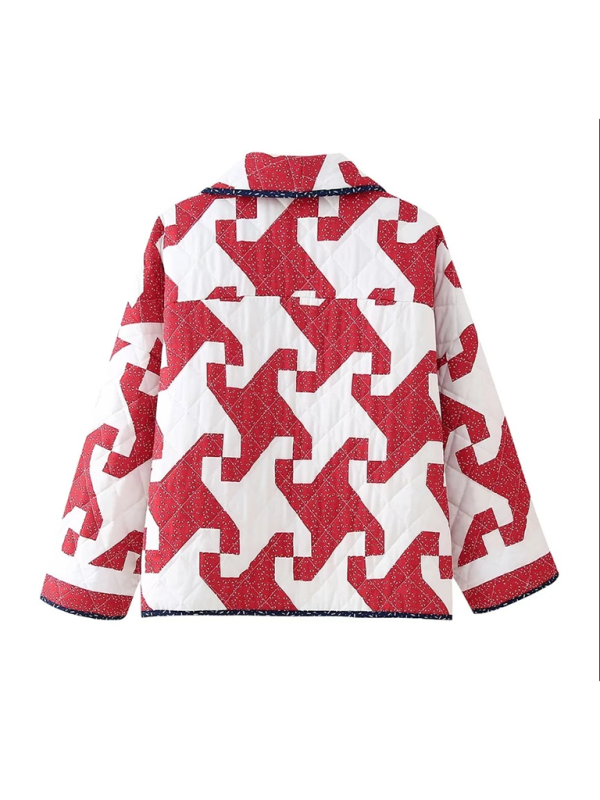 Pam's Red Geometric Printed Lose Thin Quilted Jacket-TOPS / DRESSES-[Adult]-[Female]-2022 Online Blue Zone Planet