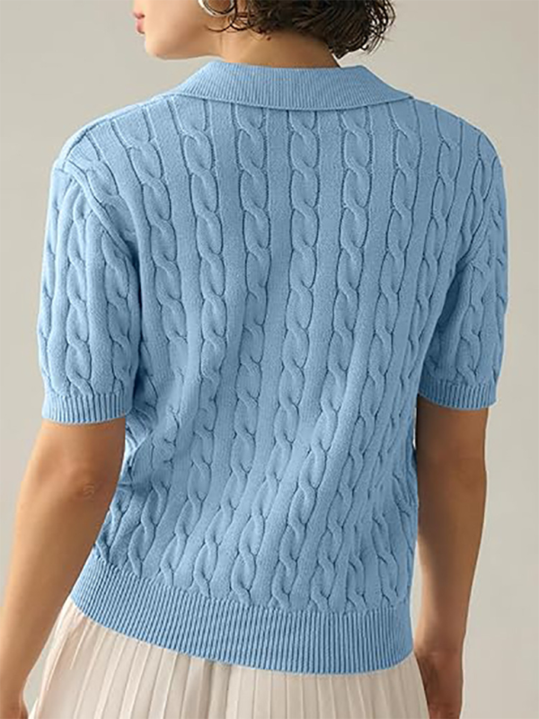 Women's Polo Neck Short Sleeve Knit Sweater Solid Color Twisted Knit Sweater-[Adult]-[Female]-2022 Online Blue Zone Planet