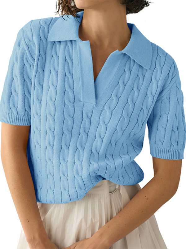 Women's Polo Neck Short Sleeve Knit Sweater Solid Color Twisted Knit Sweater-[Adult]-[Female]-Clear blue-S-2022 Online Blue Zone Planet