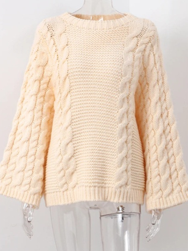 Crew neck bell sleeve knit loose sweater-[Adult]-[Female]-Cream-S-2022 Online Blue Zone Planet