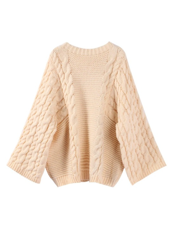 Crew neck bell sleeve knit loose sweater-[Adult]-[Female]-2022 Online Blue Zone Planet