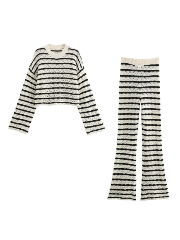 Striped knit l long sleeve flared pants set-[Adult]-[Female]-2022 Online Blue Zone Planet