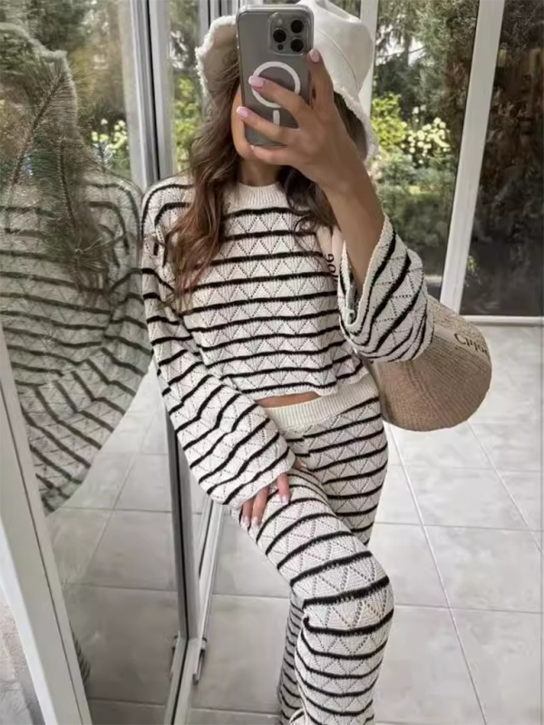 Striped knit l long sleeve flared pants set-[Adult]-[Female]-Stripe-S-2022 Online Blue Zone Planet