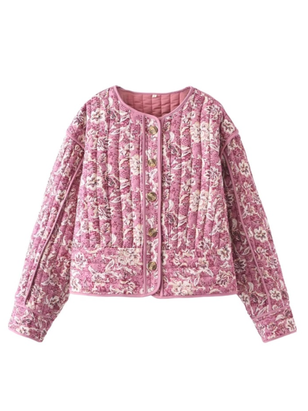 Floral Print Round Neck Jacket Cotton Jacket-[Adult]-[Female]-2022 Online Blue Zone Planet