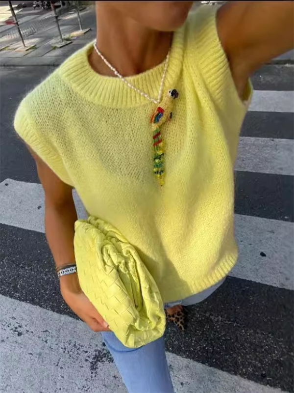 Yellow Knit Sweater Vest-[Adult]-[Female]-Yellow-S-2022 Online Blue Zone Planet