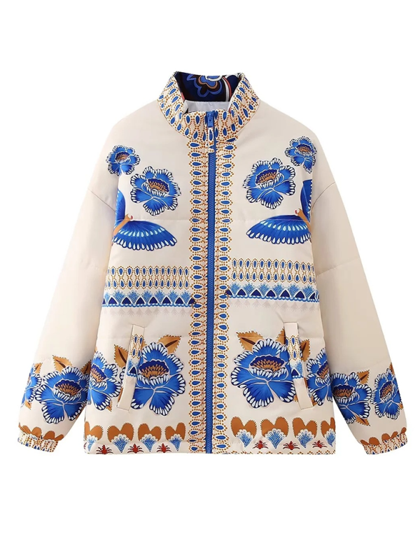 Floral Positioning Printed Cotton Jacket-[Adult]-[Female]-2022 Online Blue Zone Planet