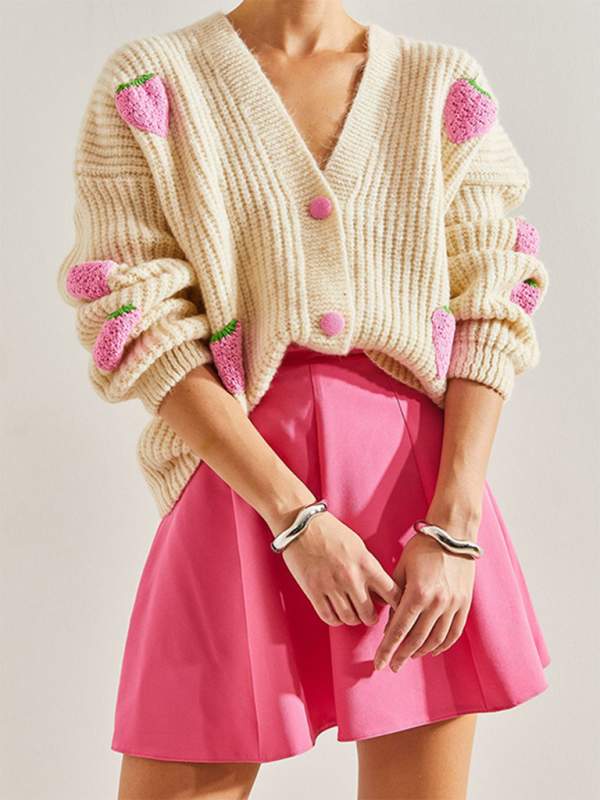 V-Neck Beige Strawberry Embellished Cardigan Knit Sweater-[Adult]-[Female]-Cream-S-2022 Online Blue Zone Planet