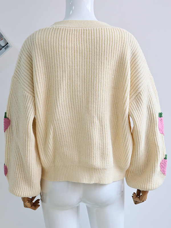 V-Neck Beige Strawberry Embellished Cardigan Knit Sweater-[Adult]-[Female]-2022 Online Blue Zone Planet