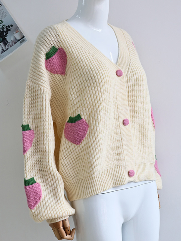 V-Neck Beige Strawberry Embellished Cardigan Knit Sweater-[Adult]-[Female]-2022 Online Blue Zone Planet