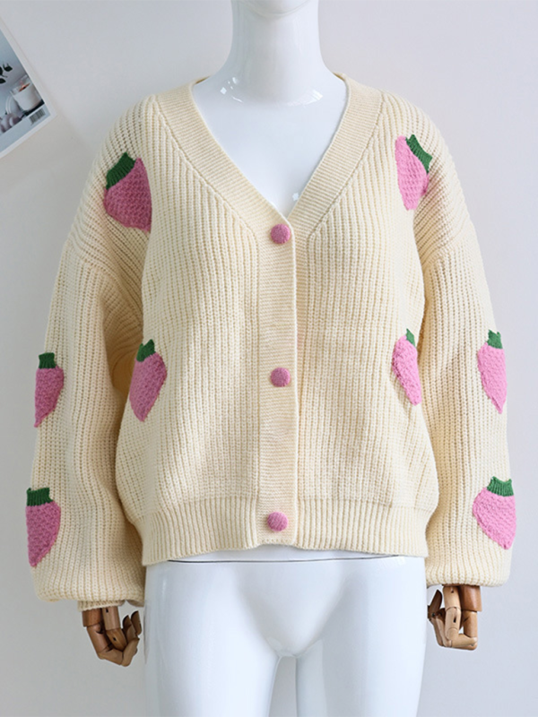 V-Neck Beige Strawberry Embellished Cardigan Knit Sweater-[Adult]-[Female]-2022 Online Blue Zone Planet