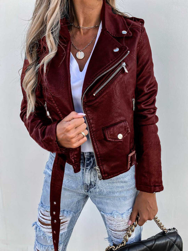 PU leather jacket biker short zipper jacket-[Adult]-[Female]-Wine Red-S-2022 Online Blue Zone Planet