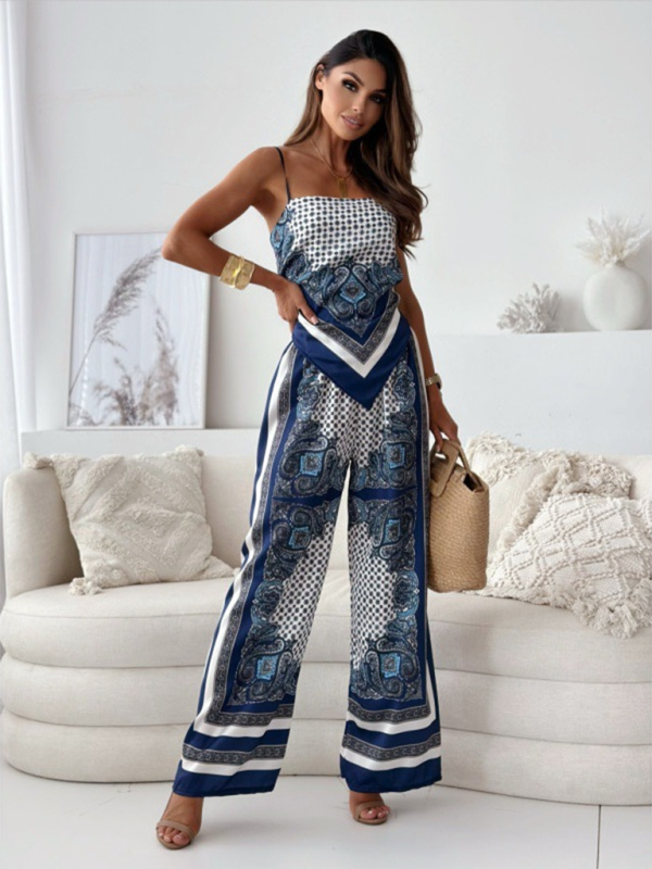 New fashion print camisole bustier top positioning flower pants two-piece set-[Adult]-[Female]-Purplish blue navy-S-2022 Online Blue Zone Planet