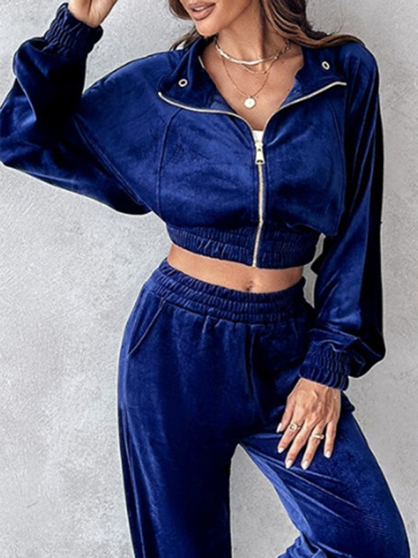 New solid color leisure sports gold velvet long-sleeved pants suit-[Adult]-[Female]-Blue-S-2022 Online Blue Zone Planet