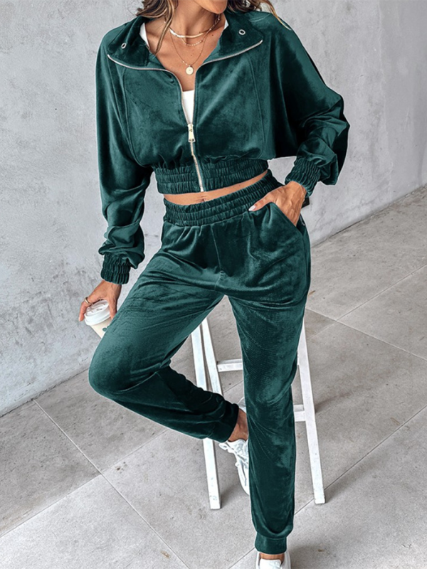 New solid color leisure sports gold velvet long-sleeved pants suit-[Adult]-[Female]-Green-S-2022 Online Blue Zone Planet