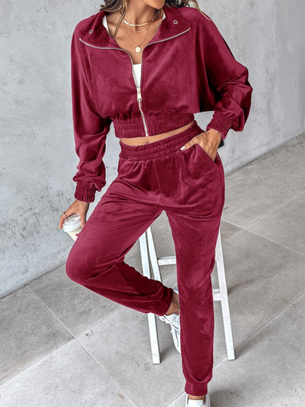 New solid color leisure sports gold velvet long-sleeved pants suit-[Adult]-[Female]-2022 Online Blue Zone Planet