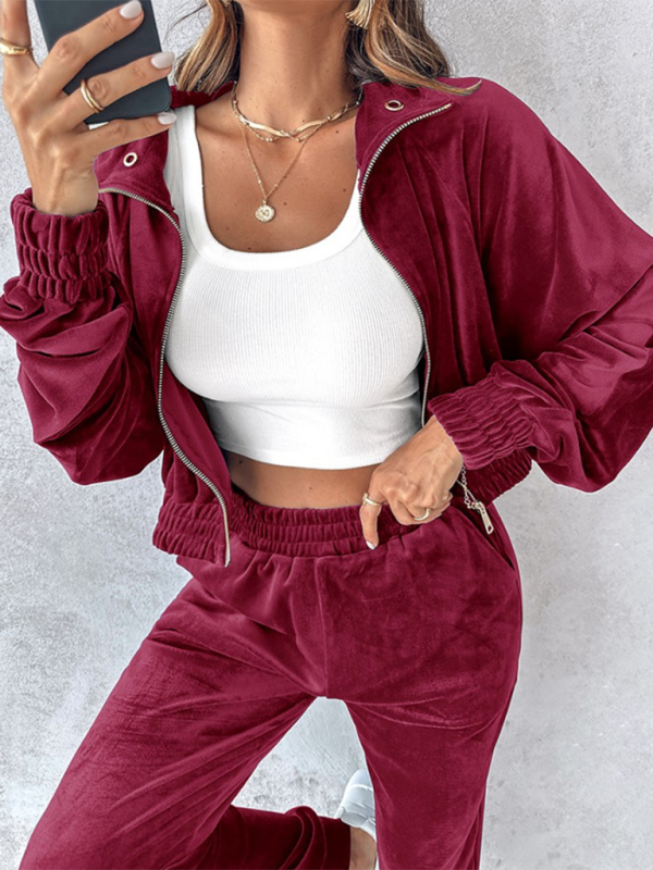 New solid color leisure sports gold velvet long-sleeved pants suit-[Adult]-[Female]-2022 Online Blue Zone Planet