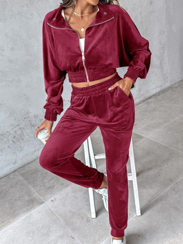 New solid color leisure sports gold velvet long-sleeved pants suit-[Adult]-[Female]-Red-S-2022 Online Blue Zone Planet