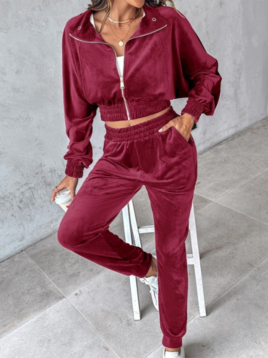 New solid color leisure sports gold velvet long-sleeved pants suit-[Adult]-[Female]-Red-S-2022 Online Blue Zone Planet