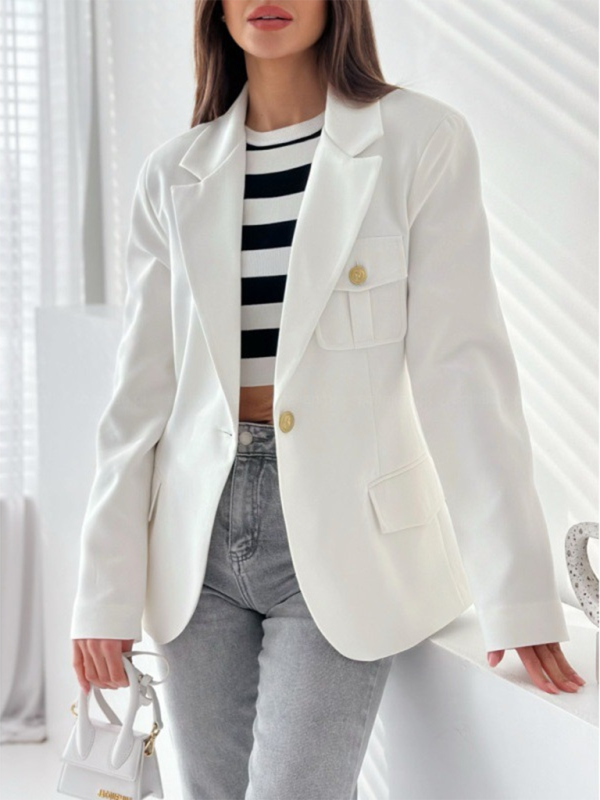 New long-sleeved double-breasted plaid blazer-[Adult]-[Female]-White-S-2022 Online Blue Zone Planet