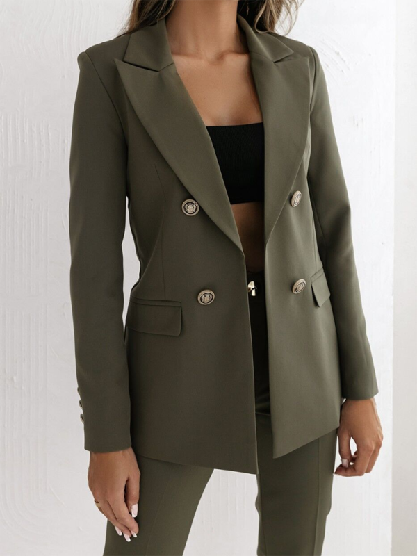 New double-breasted solid color fashion blazer-[Adult]-[Female]-Olive green-S-2022 Online Blue Zone Planet