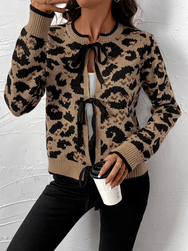 New leopard bow tie knit sweater fall and winter long-sleeved cardigan tops-[Adult]-[Female]-2022 Online Blue Zone Planet