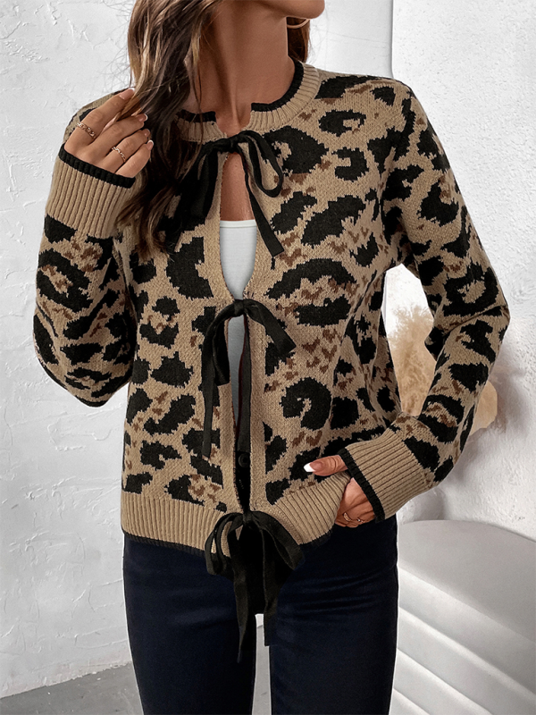 New leopard bow tie knit sweater fall and winter long-sleeved cardigan tops-[Adult]-[Female]-2022 Online Blue Zone Planet