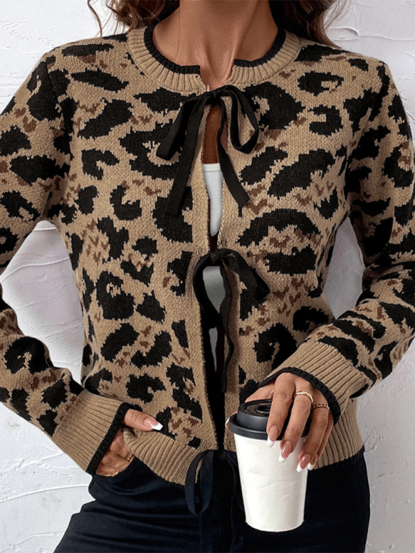 New leopard bow tie knit sweater fall and winter long-sleeved cardigan tops-[Adult]-[Female]-2022 Online Blue Zone Planet