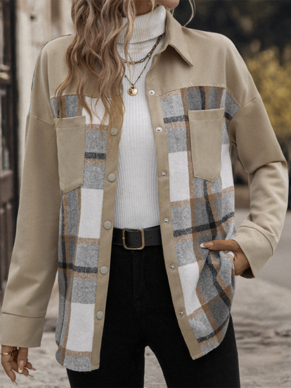 Fashionable lapel plaid single-breasted casual long-sleeve jacket-[Adult]-[Female]-2022 Online Blue Zone Planet