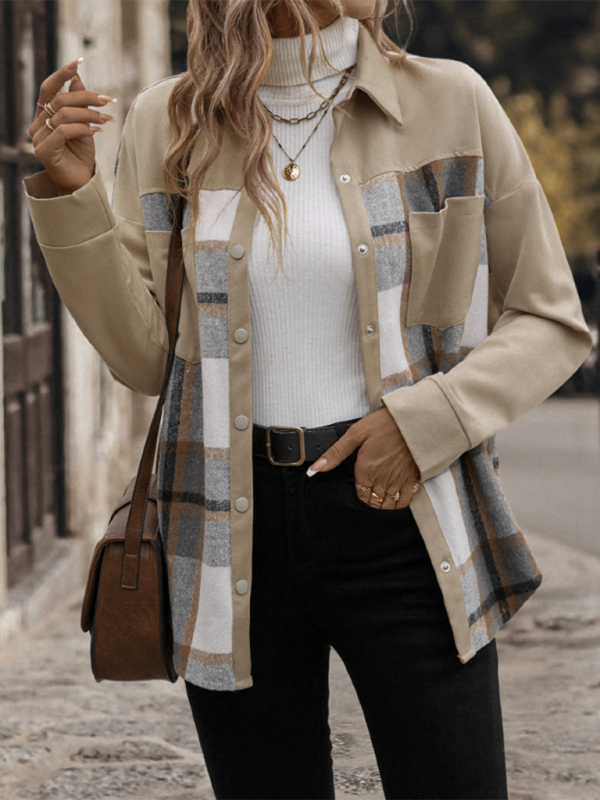 Fashionable lapel plaid single-breasted casual long-sleeve jacket-[Adult]-[Female]-Khaki-S-2022 Online Blue Zone Planet