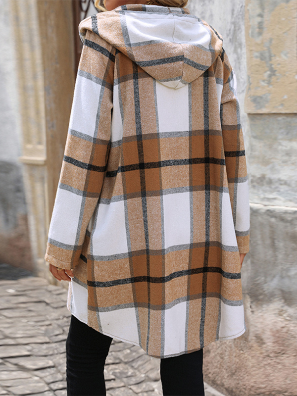 New retro classic plaid long jacket loose casual hooded jacket-[Adult]-[Female]-2022 Online Blue Zone Planet