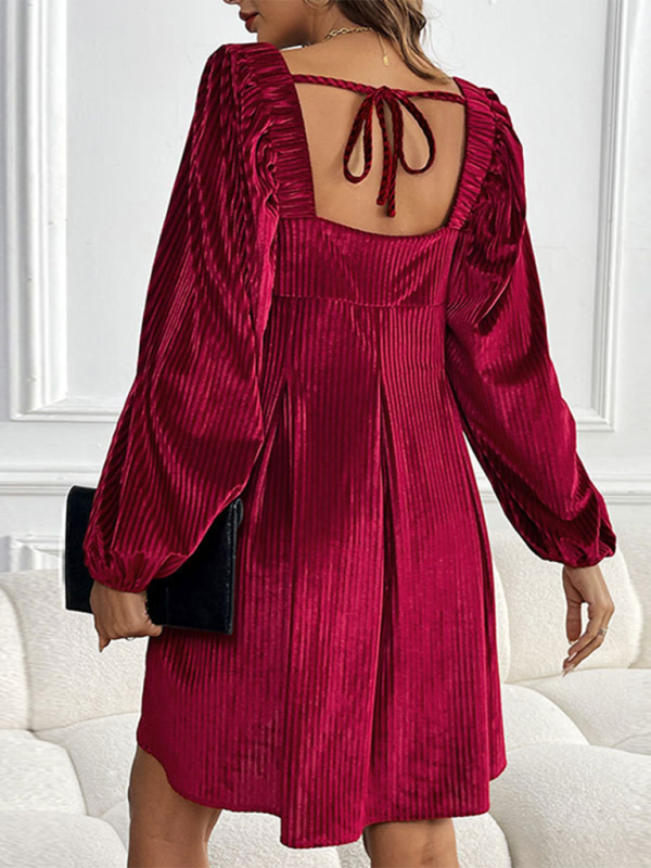 Velvet Textured Square Neck Pocketed Mini Dress, Red / M Velvet Textured Square Neck Pocketed Mini Dress, Red / M