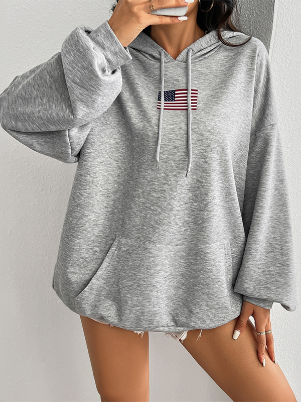 Blue Zone Planet | Independence Day Flag Casual Loose Pocket Hooded Sweatshirt-TOPS / DRESSES-[Adult]-[Female]-2022 Online Blue Zone Planet