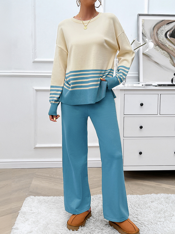 Pipa's Loose Color Block Straight Pants Sweater Set-TOPS / DRESSES-[Adult]-[Female]-2022 Online Blue Zone Planet