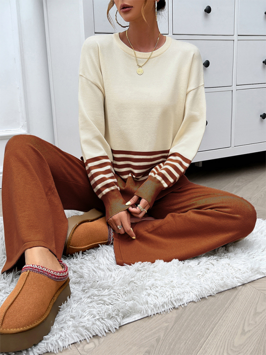 Pipa's Loose Color Block Straight Pants Sweater Set-TOPS / DRESSES-[Adult]-[Female]-Brown-S-2022 Online Blue Zone Planet