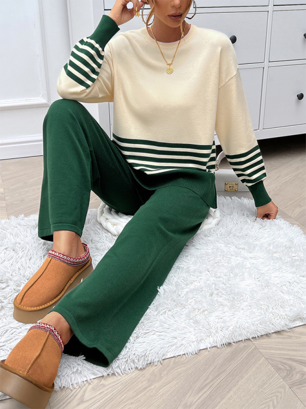 Pipa's Loose Color Block Straight Pants Sweater Set-TOPS / DRESSES-[Adult]-[Female]-Green-S-2022 Online Blue Zone Planet