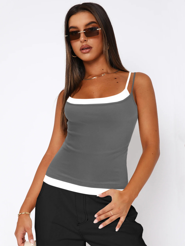 Color Clash Fake Two Piece Spice Girls Camisole Tank Slim Knit Sweater-[Adult]-[Female]-Charcoal grey-XS-2022 Online Blue Zone Planet