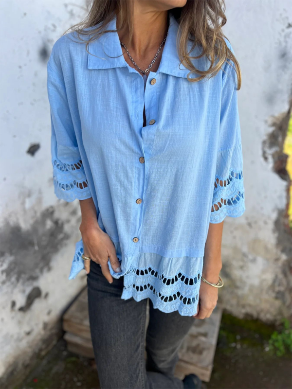 Lace Flared Sleeve Hollow Button Shirt-[Adult]-[Female]-Sky blue azure-S-2022 Online Blue Zone Planet