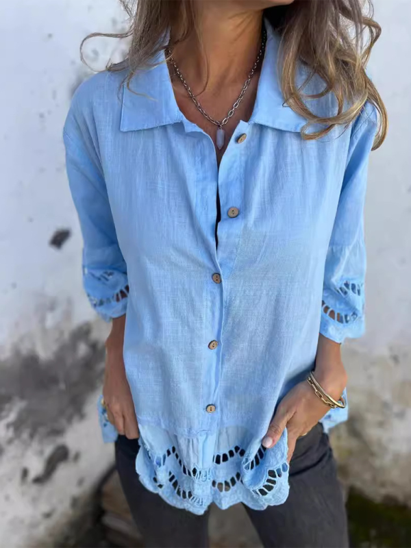 Lace Flared Sleeve Hollow Button Shirt-[Adult]-[Female]-2022 Online Blue Zone Planet