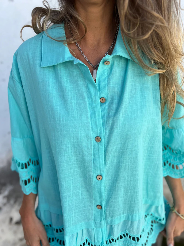 Lace Flared Sleeve Hollow Button Shirt-[Adult]-[Female]-2022 Online Blue Zone Planet