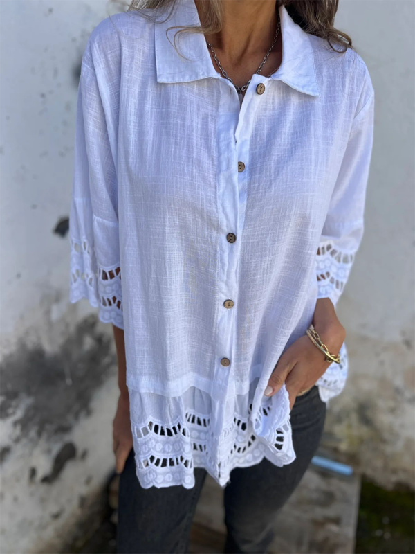 Lace Flared Sleeve Hollow Button Shirt-[Adult]-[Female]-White-S-2022 Online Blue Zone Planet