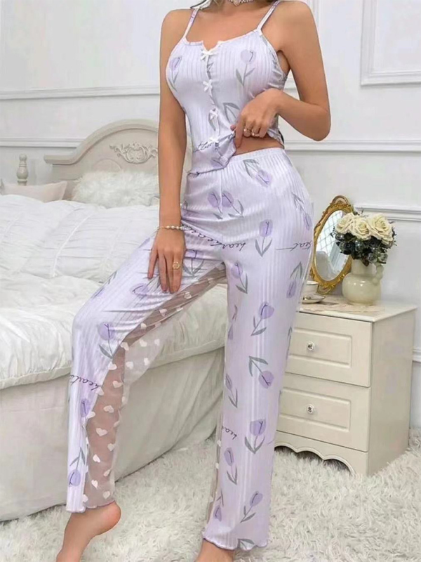 Cindy's Love Print See-through Rear Mesh Pajama Set-TOPS / DRESSES-[Adult]-[Female]-Lavender-S-2022 Online Blue Zone Planet