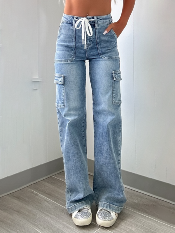 Casual Lace-Up Multi-Pocket Functional Workwear Straight Leg Jeans-[Adult]-[Female]-Clear blue-S-2022 Online Blue Zone Planet