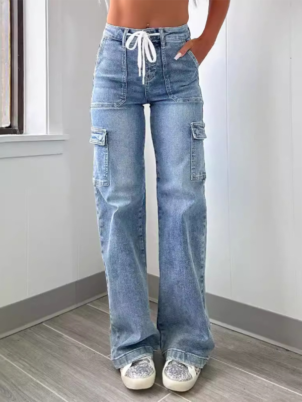 Casual Lace-Up Multi-Pocket Functional Workwear Straight Leg Jeans-[Adult]-[Female]-2022 Online Blue Zone Planet