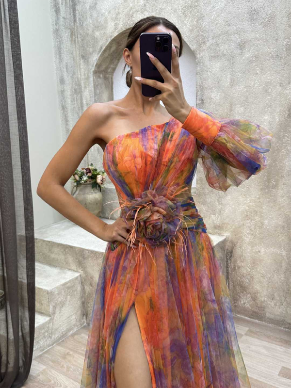 Celestial Bloom One-Shoulder Gown Maxi Dresses-TOPS / DRESSES-[Adult]-[Female]-Orange-S-2022 Online Blue Zone Planet