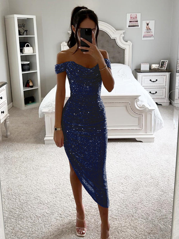 Libby's Sequin Off-Shoulder Sparkle Midi Dress-[Adult]-[Female]-Champlain color-S-2022 Online Blue Zone Planet