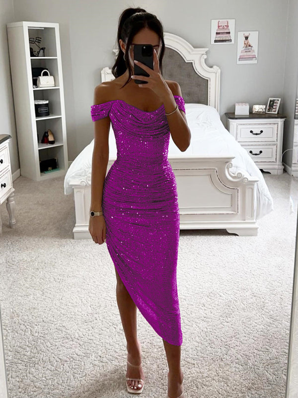 Libby's Sequin Off-Shoulder Sparkle Midi Dress-[Adult]-[Female]-Violet-S-2022 Online Blue Zone Planet