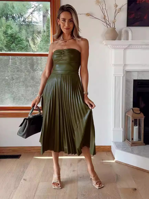 Sandra's Tube Top Pleated PU Leather Midi Dress - Blue Zone Planet Sandra's Tube Top Pleated PU Leather Midi Dress - Blue Zone Planet