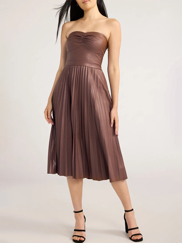 style tube top pleated leather dress-[Adult]-[Female]-Coffee-S-2022 Online Blue Zone Planet