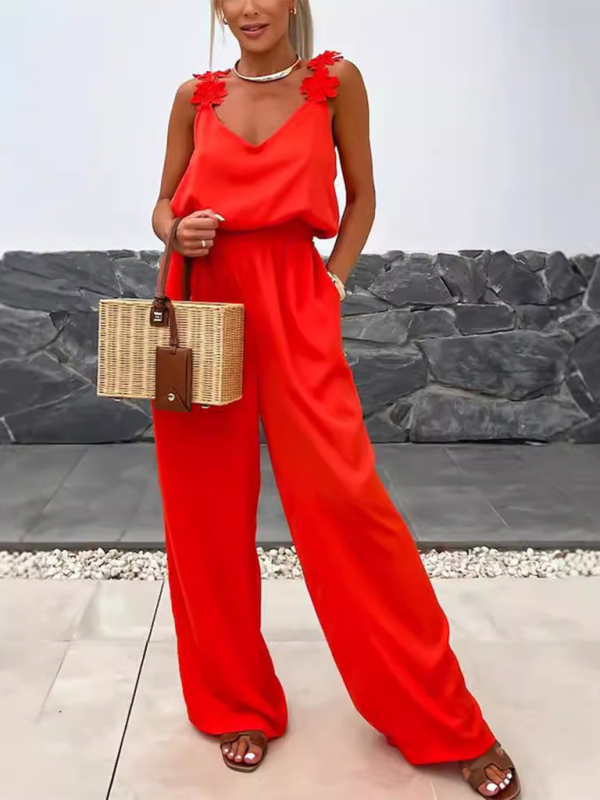 Pam's Loose Spaghetti Strap Sleeveless Pocket Jumpsuit-[Adult]-[Female]-Red-S-2022 Online Blue Zone Planet